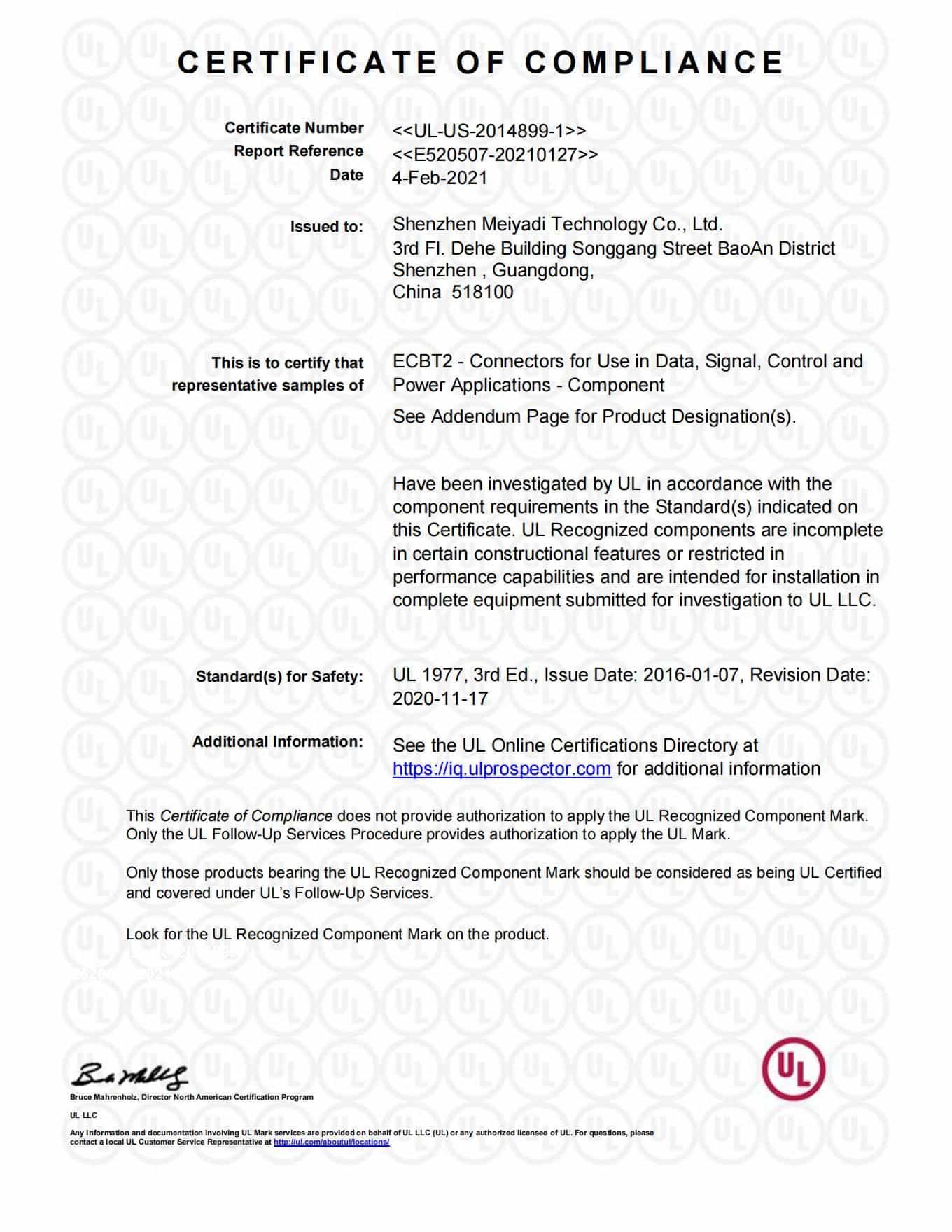 UL Compliance Certificate for Data & Power Connectors