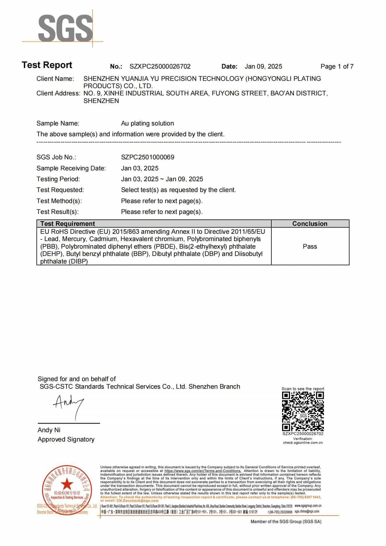 SGS RoHS Compliance Certificate for Gold Plating Solution